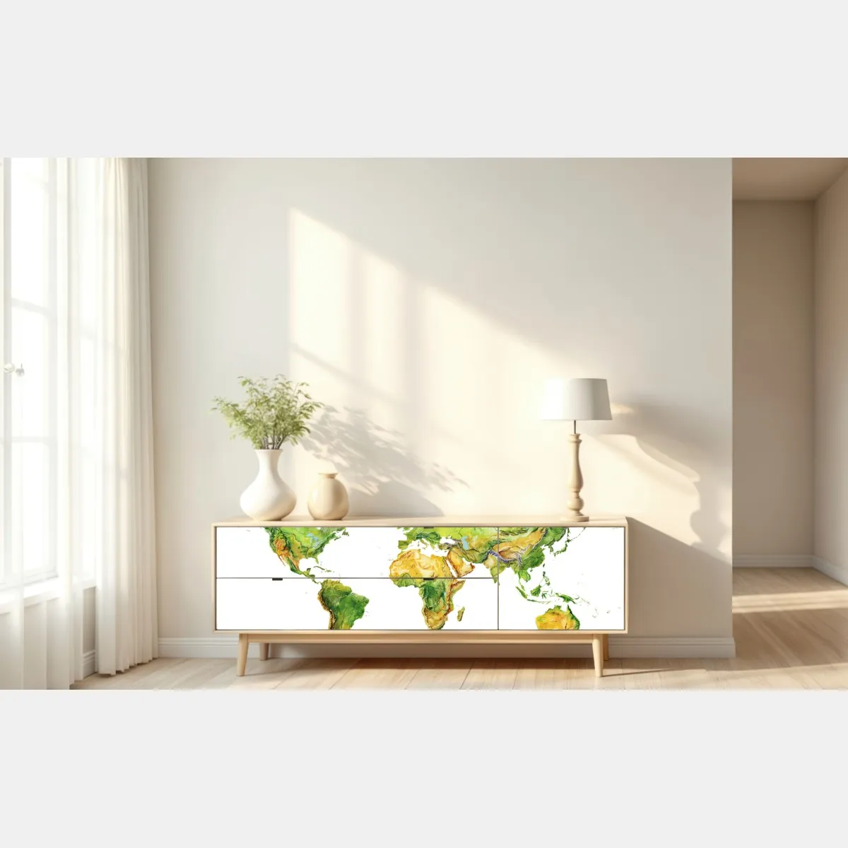 Naklejka repozycjonowalna akwarelowa mapa fizyczna świata – Wallissimo® Naklejka repozycjonowalna akwarelowa mapa fizyczna świata – Wallissimo®