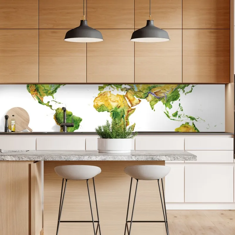 Naklejka repozycjonowalna akwarelowa mapa fizyczna świata – Wallissimo® Naklejka repozycjonowalna akwarelowa mapa fizyczna świata – Wallissimo®