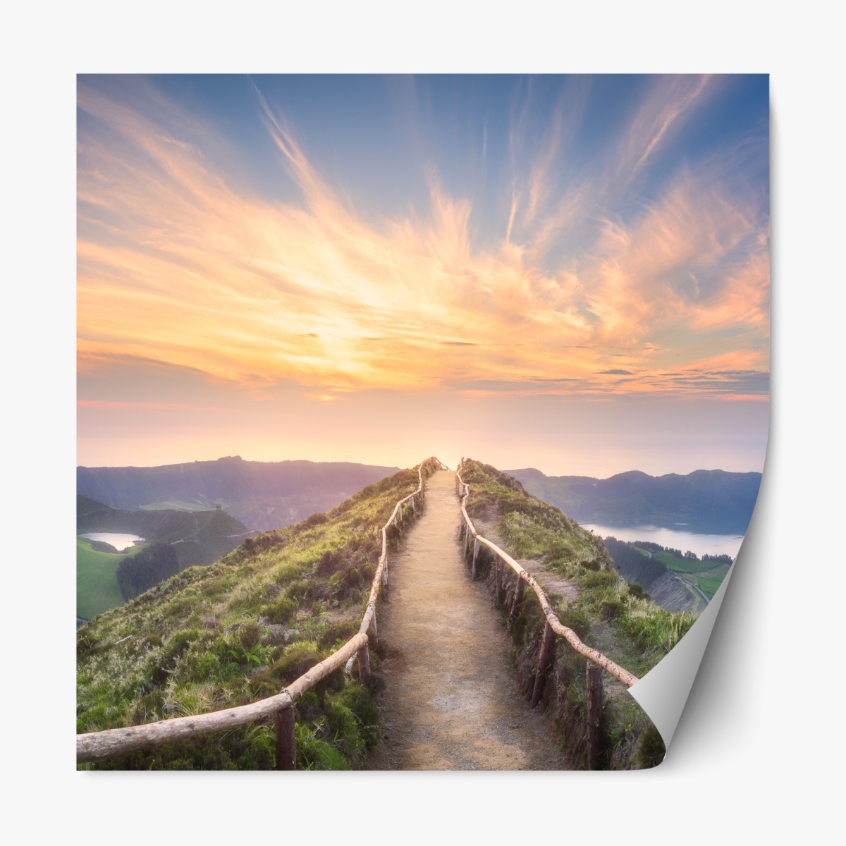 Repositionable sticker sunset ridge path over serene lake and valley