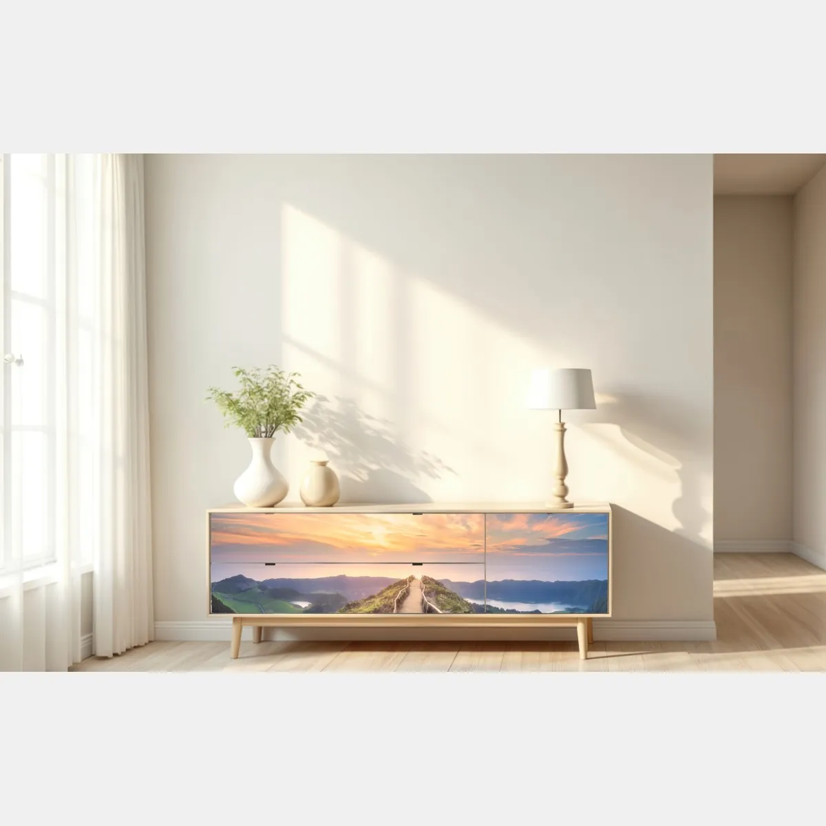 Naklejka repozycjonowalna ścieżka na grzbiecie górskim przy zachodzie słońca nad jeziorem – Wallissimo® Naklejka repozycjonowalna ścieżka na grzbiecie górskim przy zachodzie słońca nad jeziorem – Wallissimo®