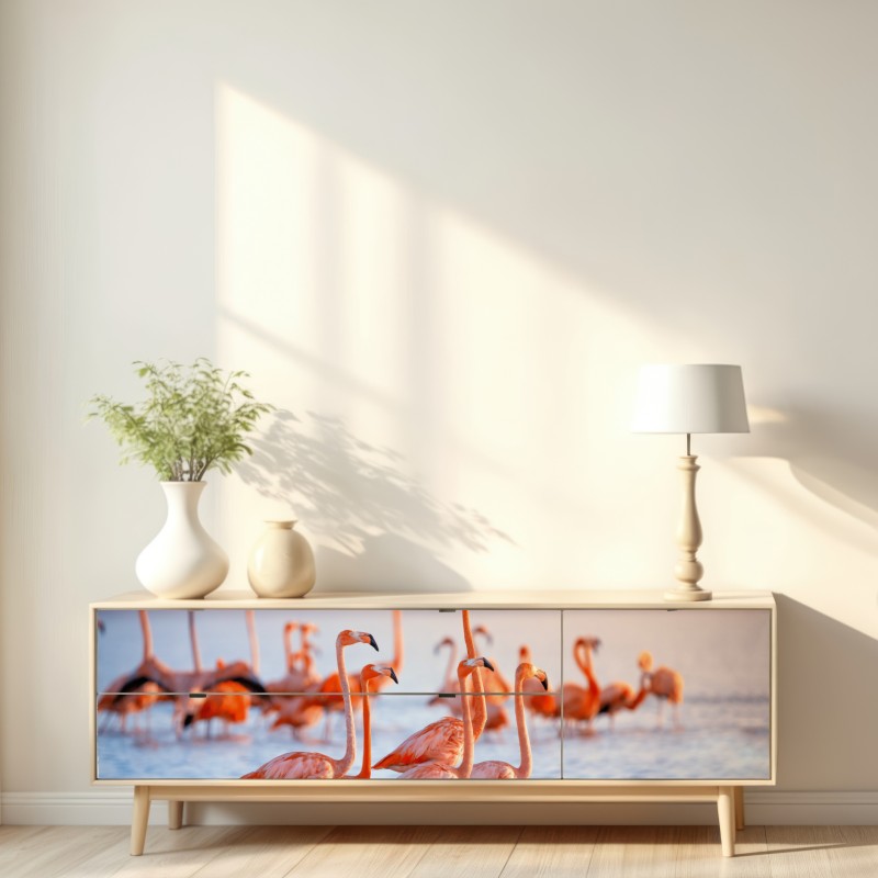 Naklejka repozycjonowalna różowe flamingi o zachodzie słońca – Wallissimo® Naklejka repozycjonowalna różowe flamingi o zachodzie słońca – Wallissimo®