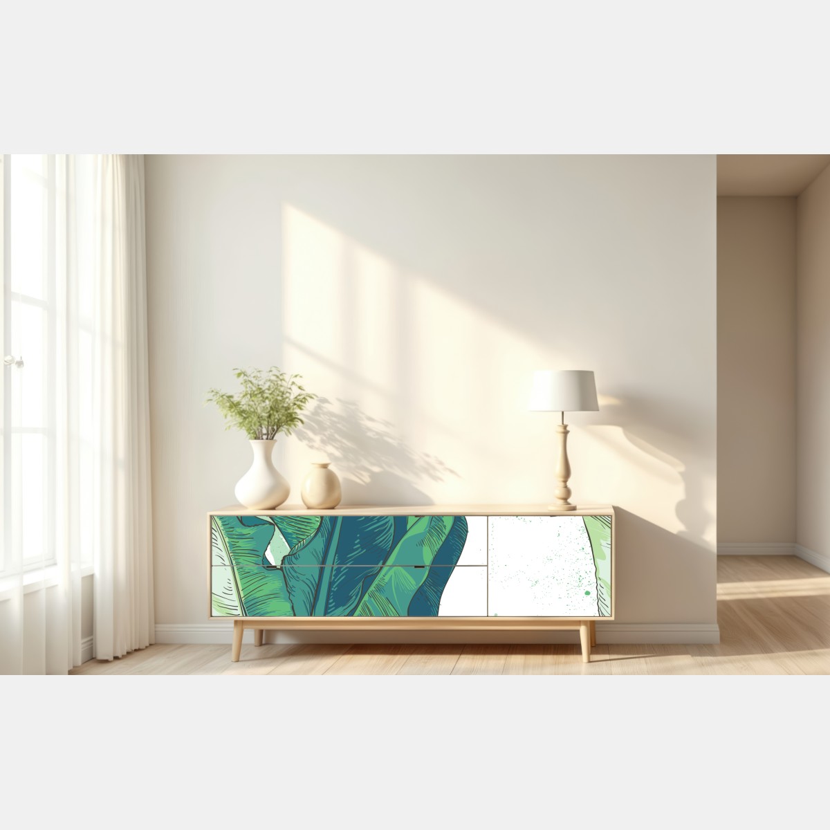 Naklejka repozycjonowalna tropikalna ilustracja liści bananowca – Wallissimo® Naklejka repozycjonowalna tropikalna ilustracja liści bananowca – Wallissimo®