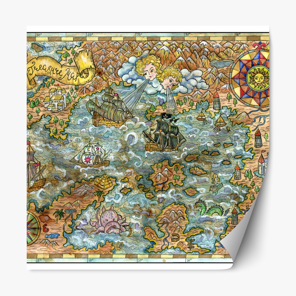 Repositionable sticker whimsical treasure map illustration