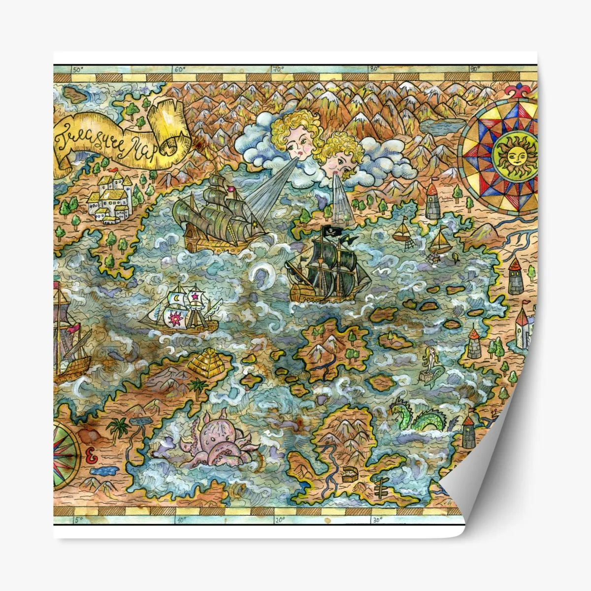 Naklejka repozycjonowalna bajkowa mapa skarbów w technice akwareli – Wallissimo® Naklejka repozycjonowalna bajkowa mapa skarbów w technice akwareli – Wallissimo®