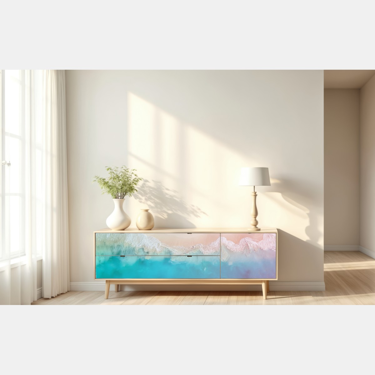 Naklejka repozycjonowalna pastelowa turkusowa plaża z lotu ptaka – Wallissimo® Naklejka repozycjonowalna pastelowa turkusowa plaża z lotu ptaka – Wallissimo®