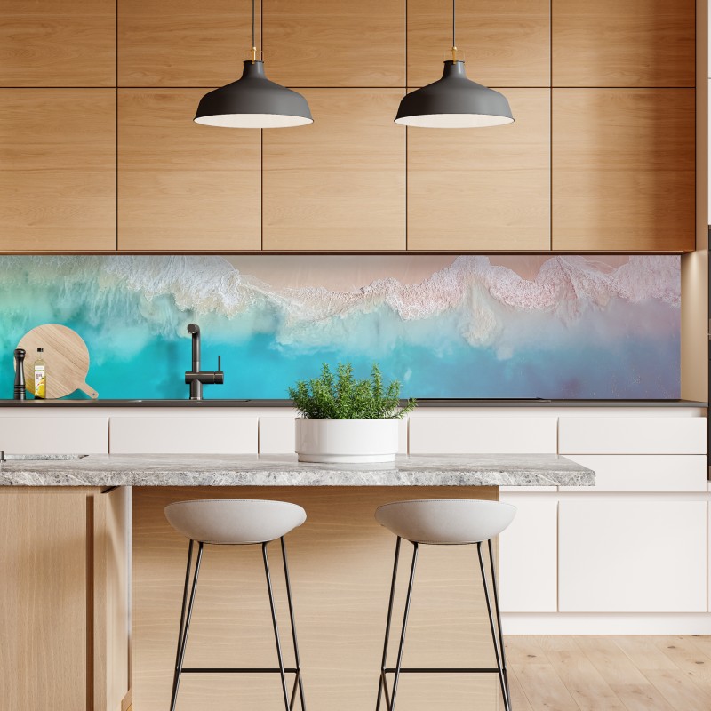 Naklejka repozycjonowalna pastelowa turkusowa plaża z lotu ptaka – Wallissimo® Naklejka repozycjonowalna pastelowa turkusowa plaża z lotu ptaka – Wallissimo®