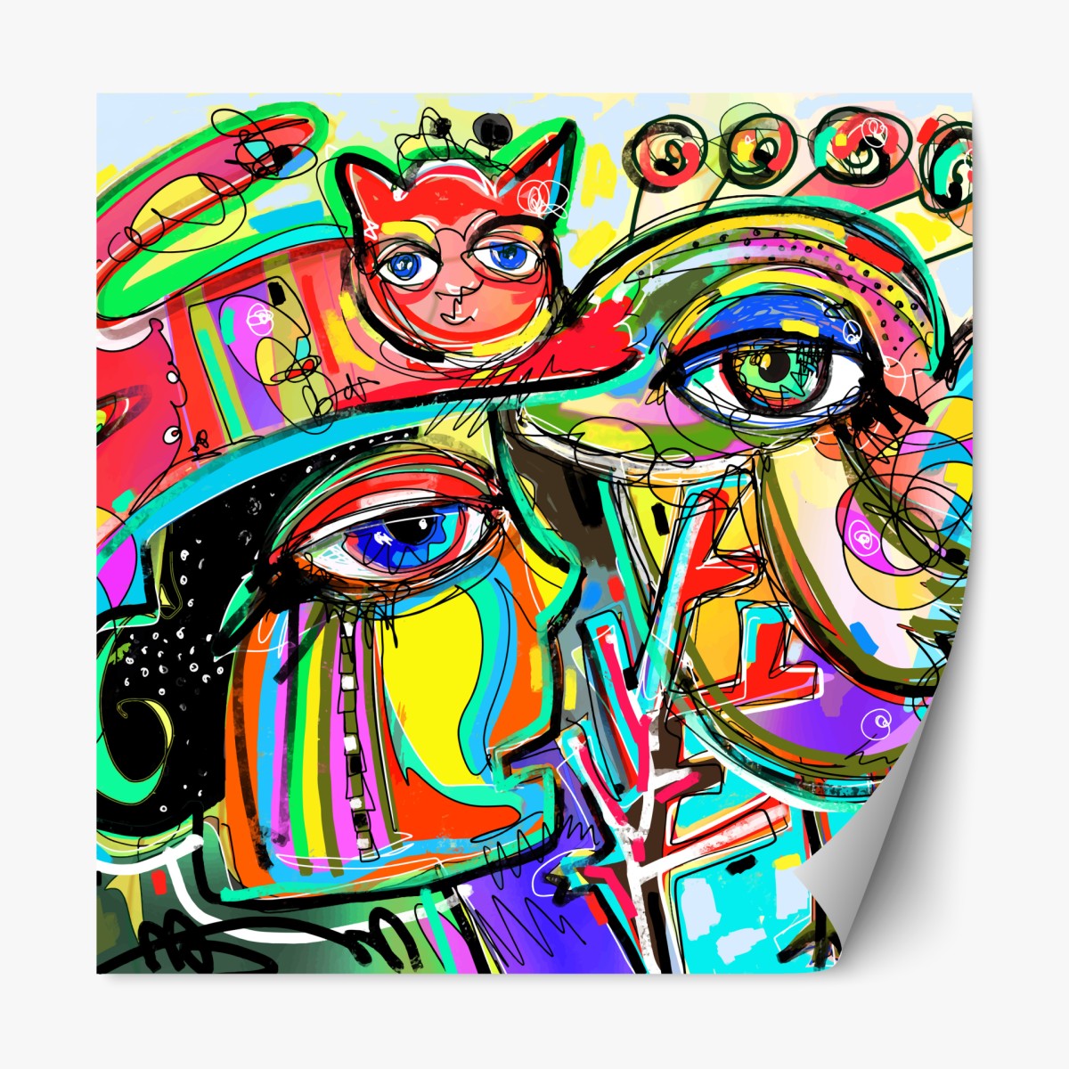 Repositionable sticker vibrant abstract faces with cat and bird