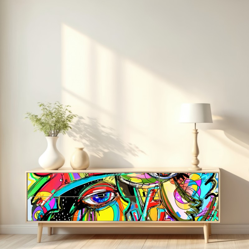 Naklejka repozycjonowalna żywe abstrakcyjne twarze z kotem i ptakiem – Wallissimo® Naklejka repozycjonowalna żywe abstrakcyjne twarze z kotem i ptakiem – Wallissimo®