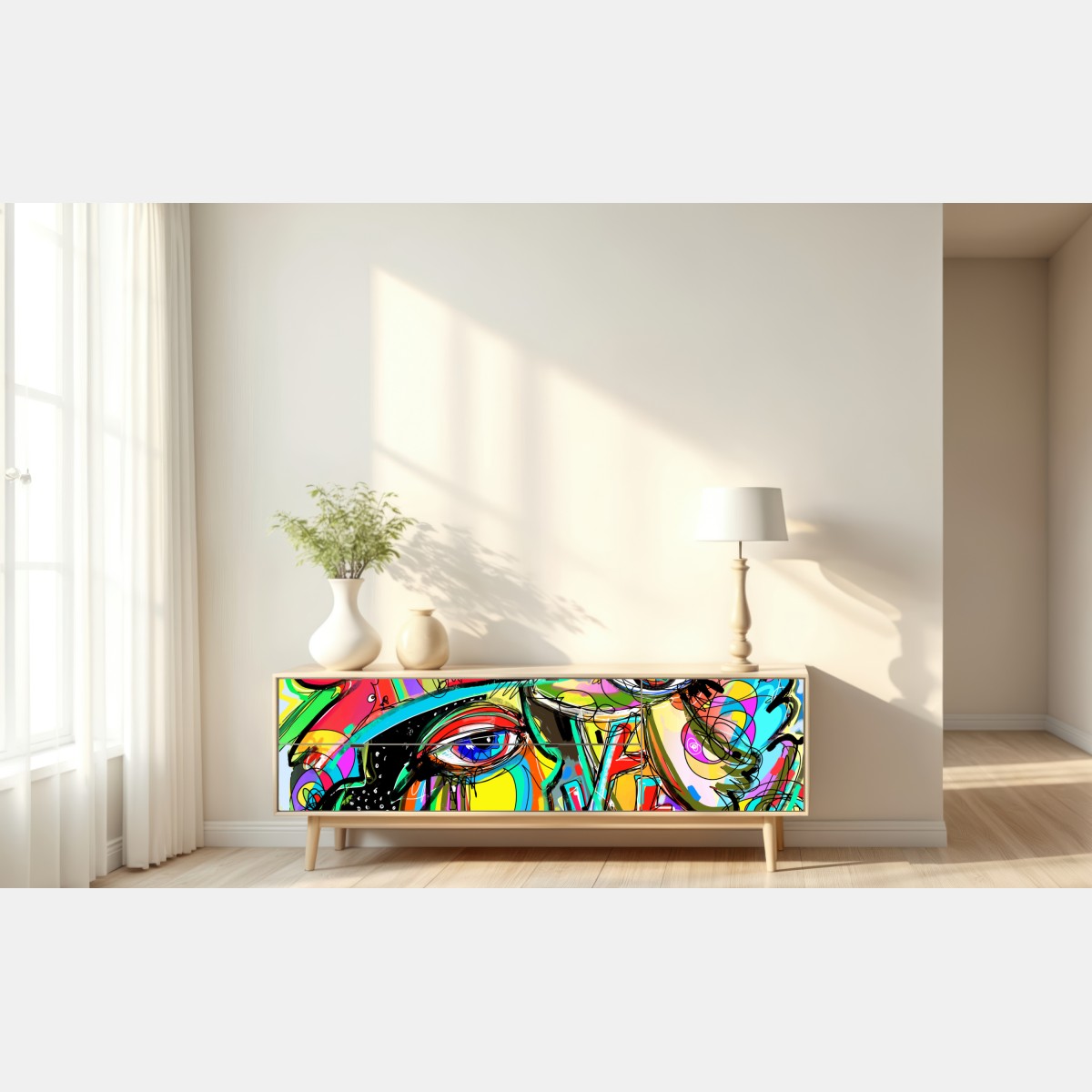 Naklejka repozycjonowalna żywe abstrakcyjne twarze z kotem i ptakiem – Wallissimo® Naklejka repozycjonowalna żywe abstrakcyjne twarze z kotem i ptakiem – Wallissimo®