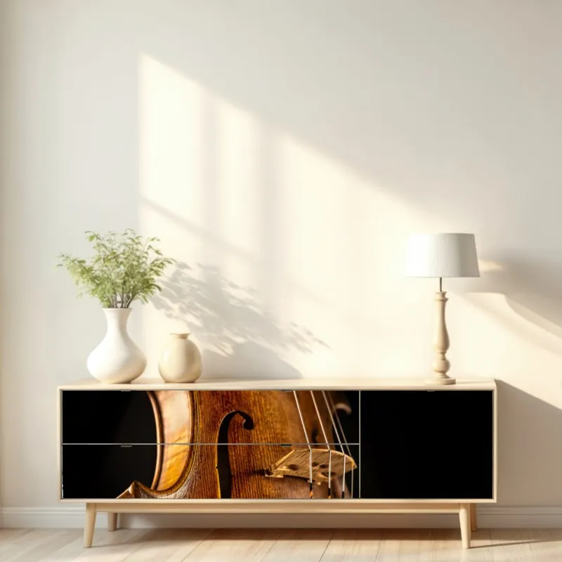 Naklejka repozycjonowalna zbliżenie ciepłych drewnianych skrzypiec – Wallissimo® Naklejka repozycjonowalna zbliżenie ciepłych drewnianych skrzypiec – Wallissimo®