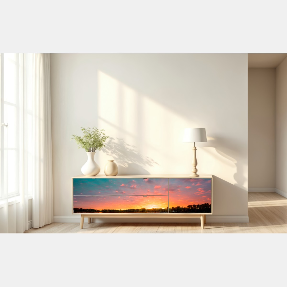 Naklejka repozycjonowalna turkusowy zachód słońca nad spokojnym jeziorem – Wallissimo® Naklejka repozycjonowalna turkusowy zachód słońca nad spokojnym jeziorem – Wallissimo®