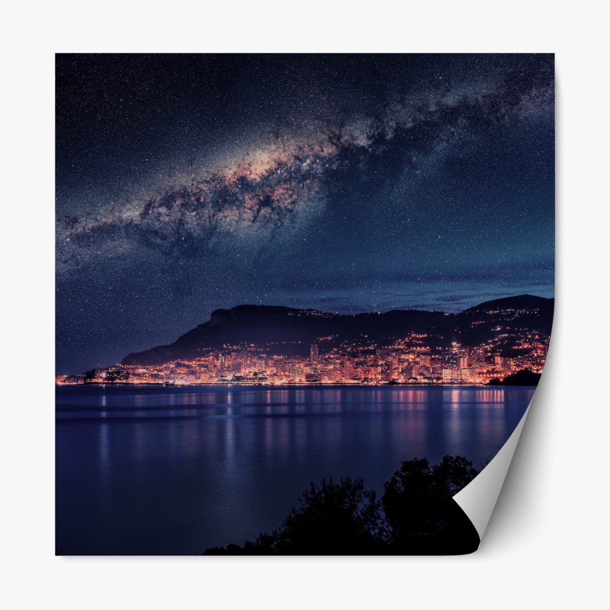 Repositionable sticker coastal city under the milky way
