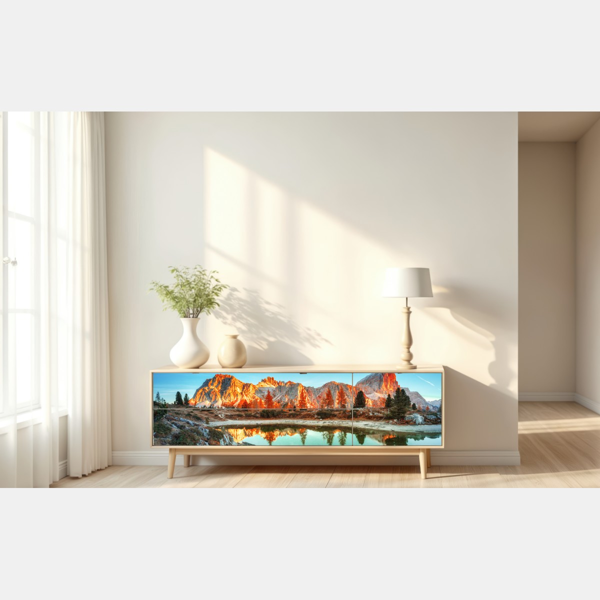 Naklejka repozycjonowalna alpejski wschód słońca nad górskim jeziorem – Wallissimo® Naklejka repozycjonowalna alpejski wschód słońca nad górskim jeziorem – Wallissimo®