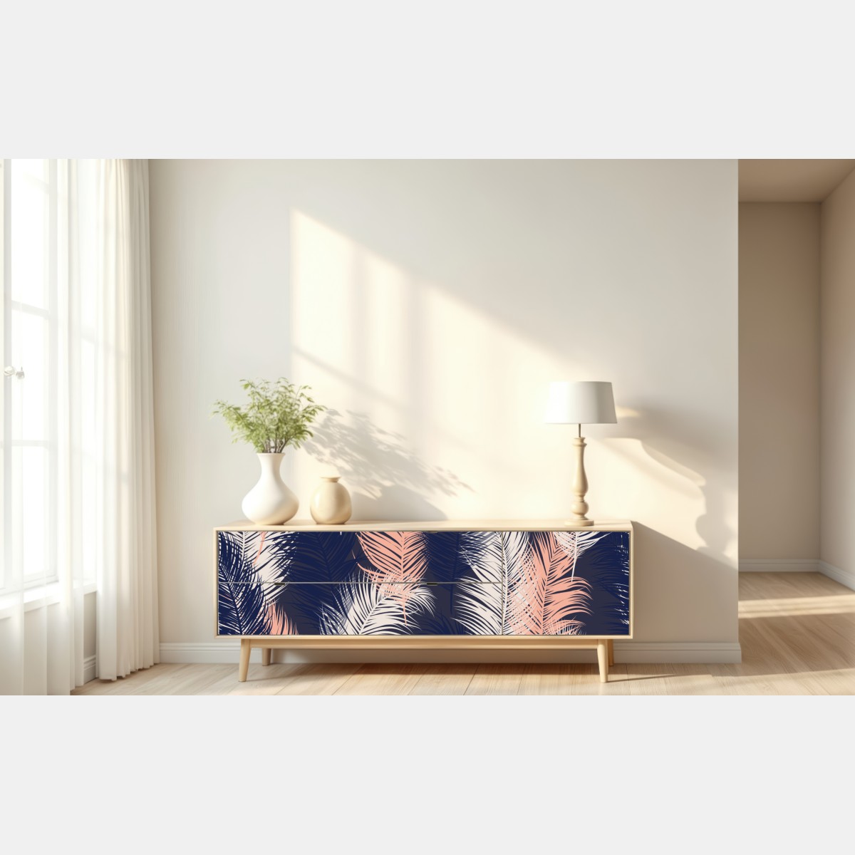 Naklejka repozycjonowalna wzór z piórami w granacie i różu – Wallissimo® Naklejka repozycjonowalna wzór z piórami w granacie i różu – Wallissimo®