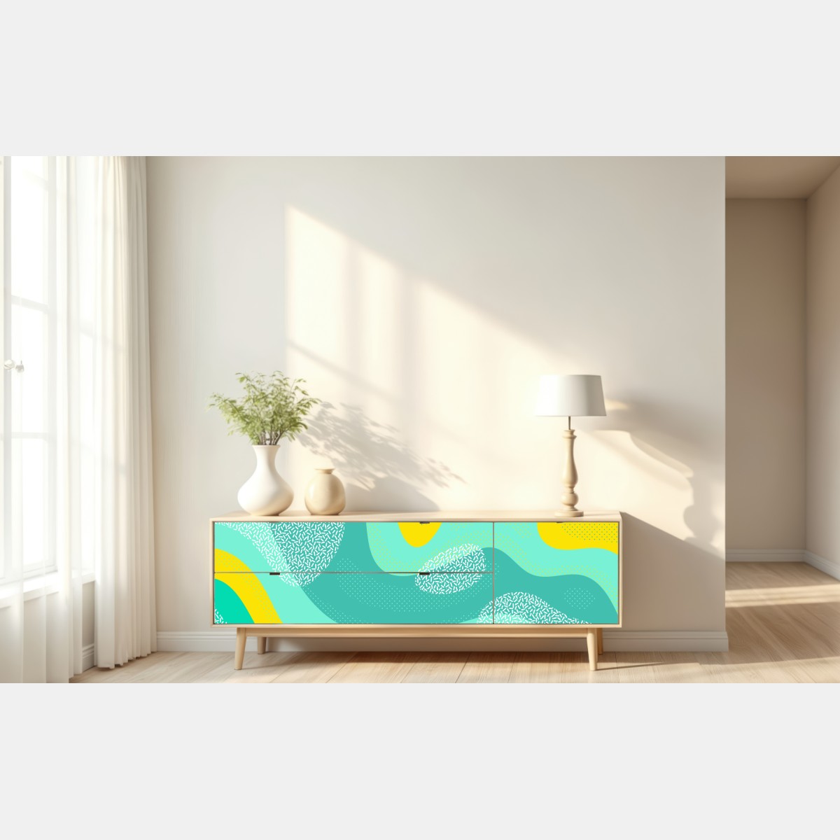 Naklejka repozycjonowalna turkusowo-żółty abstrakcyjny wzór – Wallissimo® Naklejka repozycjonowalna turkusowo-żółty abstrakcyjny wzór – Wallissimo®