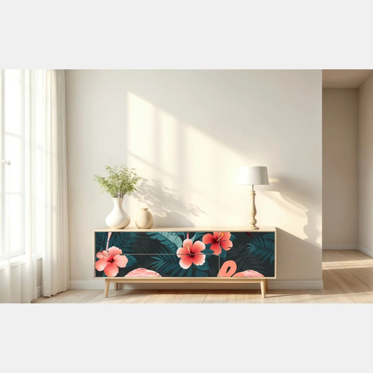 Naklejka repozycjonowalna tropikalny wzór z różowymi flamingami – Wallissimo® Naklejka repozycjonowalna tropikalny wzór z różowymi flamingami – Wallissimo®