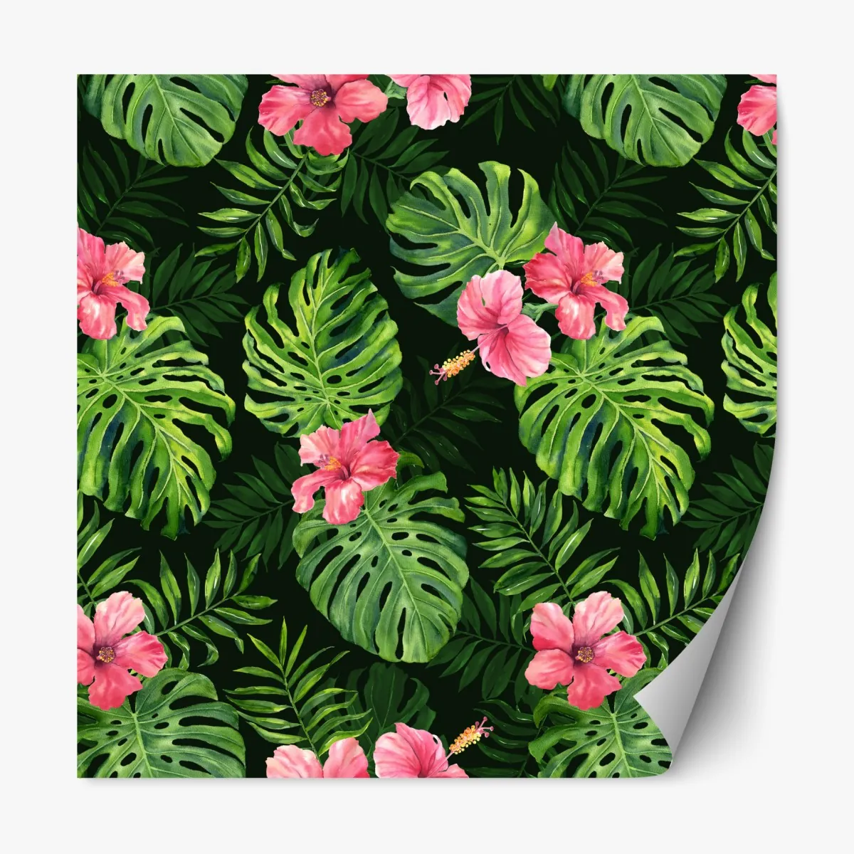 Naklejka repozycjonowalna tropikalny wzór z monsterą i hibiskusem – Wallissimo® Naklejka repozycjonowalna tropikalny wzór z monsterą i hibiskusem – Wallissimo®