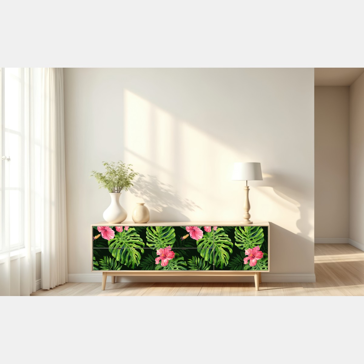 Naklejka repozycjonowalna tropikalny wzór z monsterą i hibiskusem – Wallissimo® Naklejka repozycjonowalna tropikalny wzór z monsterą i hibiskusem – Wallissimo®