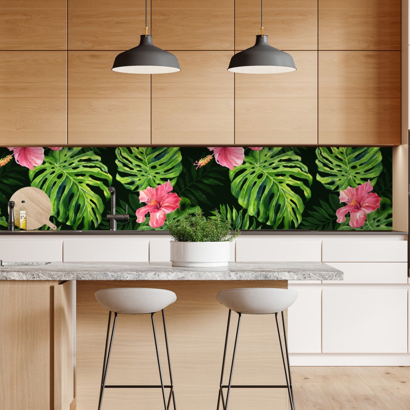 Naklejka repozycjonowalna tropikalny wzór z monsterą i hibiskusem – Wallissimo® Naklejka repozycjonowalna tropikalny wzór z monsterą i hibiskusem – Wallissimo®