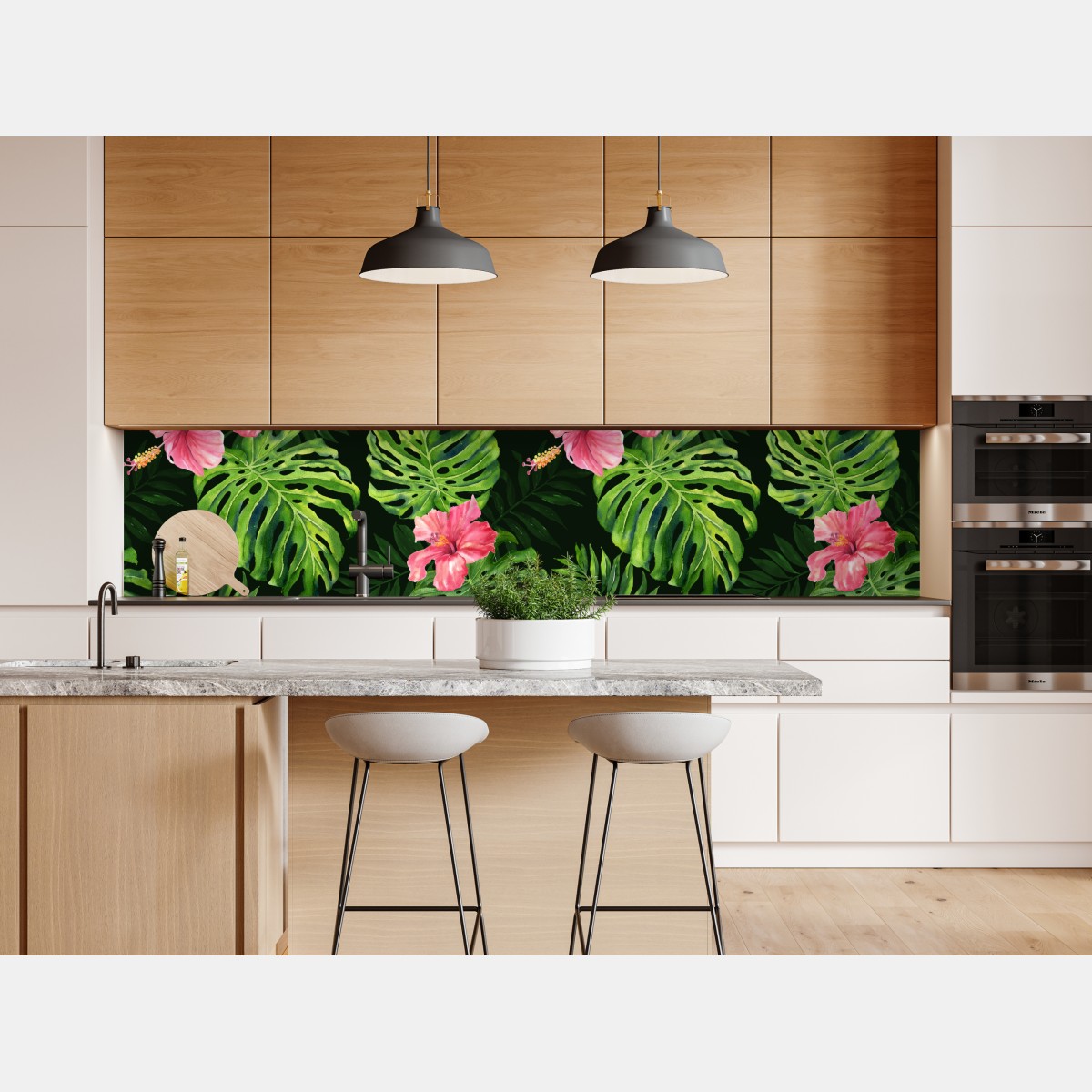 Naklejka repozycjonowalna tropikalny wzór z monsterą i hibiskusem – Wallissimo® Naklejka repozycjonowalna tropikalny wzór z monsterą i hibiskusem – Wallissimo®