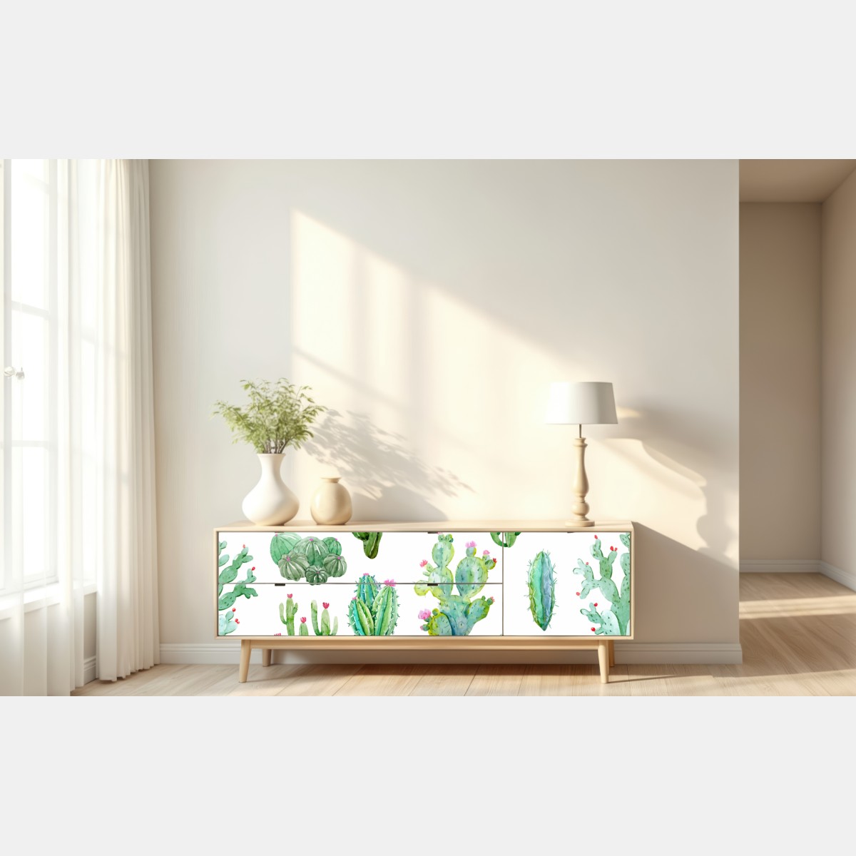 Naklejka repozycjonowalna akwarelowy wzór ogrodu kaktusów – Wallissimo® Naklejka repozycjonowalna akwarelowy wzór ogrodu kaktusów – Wallissimo®
