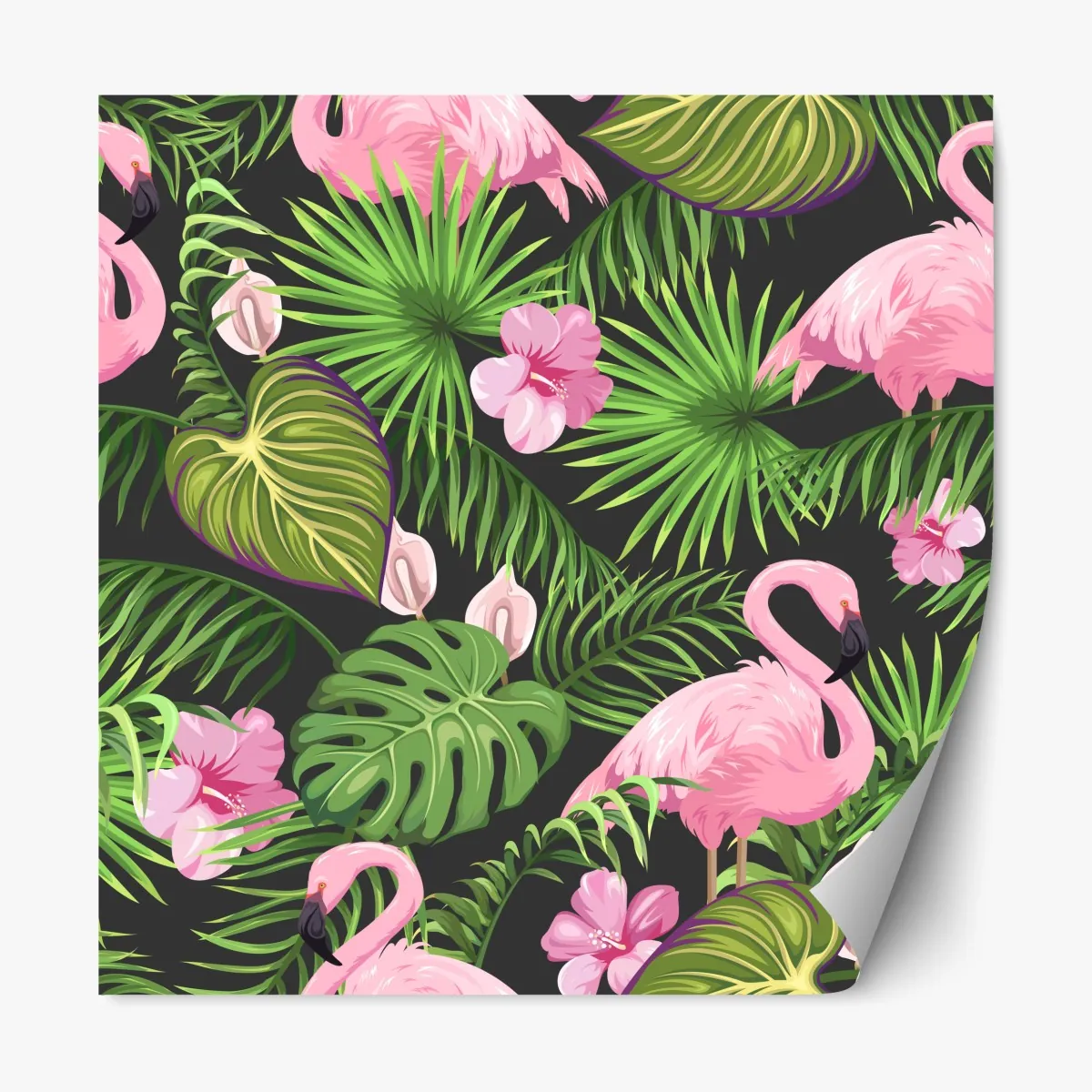 Naklejka repozycjonowalna różowy wzór z flamingami i tropikalnymi liśćmi – Wallissimo® Naklejka repozycjonowalna różowy wzór z flamingami i tropikalnymi liśćmi – Wallissimo®