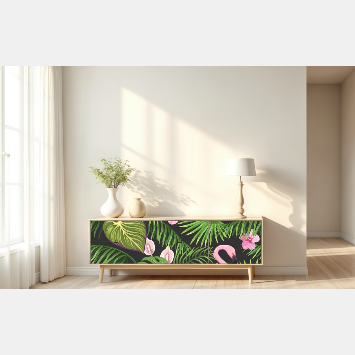 Naklejka repozycjonowalna różowy wzór z flamingami i tropikalnymi liśćmi – Wallissimo® Naklejka repozycjonowalna różowy wzór z flamingami i tropikalnymi liśćmi – Wallissimo®