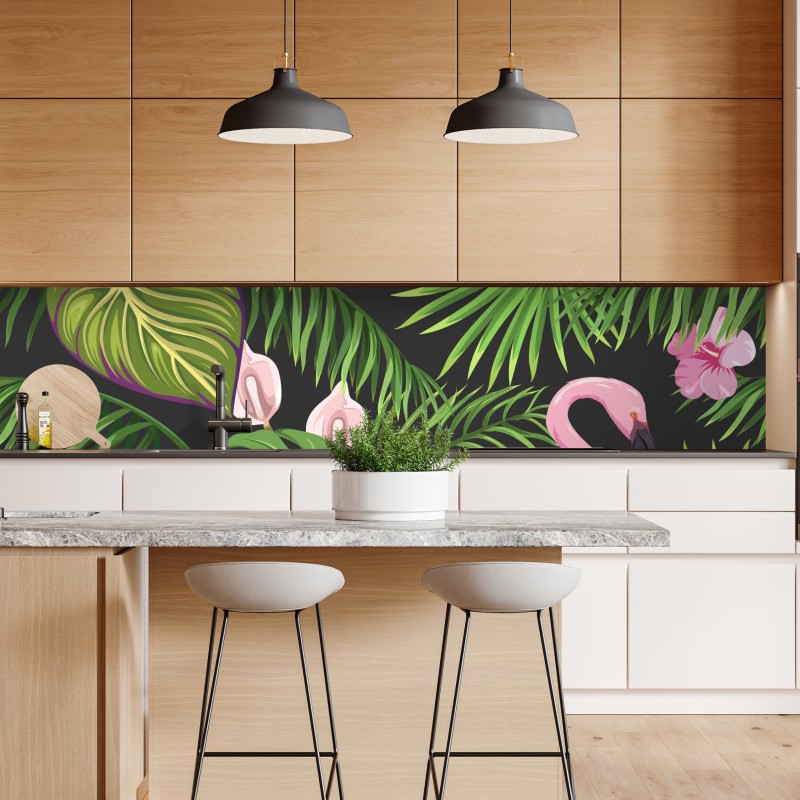 Naklejka repozycjonowalna różowy wzór z flamingami i tropikalnymi liśćmi – Wallissimo® Naklejka repozycjonowalna różowy wzór z flamingami i tropikalnymi liśćmi – Wallissimo®