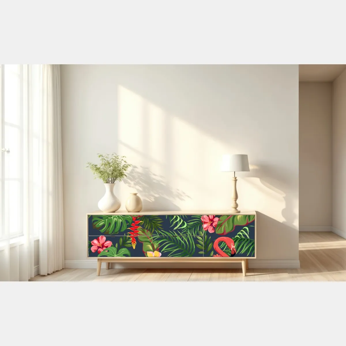 Naklejka repozycjonowalna tropikalny wzór z flamingami – Wallissimo® Naklejka repozycjonowalna tropikalny wzór z flamingami – Wallissimo®