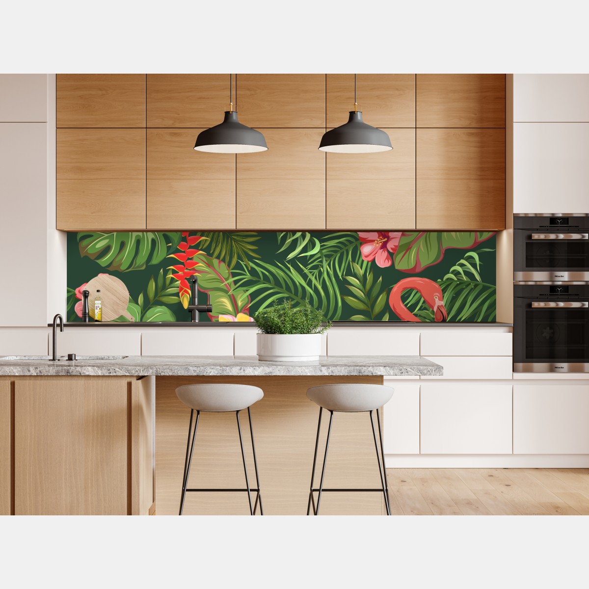 Naklejka repozycjonowalna tropikalne flamingi w bujnej roślinności – Wallissimo® Naklejka repozycjonowalna tropikalne flamingi w bujnej roślinności – Wallissimo®