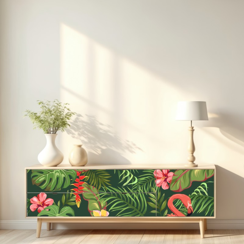 Naklejka repozycjonowalna tropikalne flamingi w bujnej roślinności – Wallissimo® Naklejka repozycjonowalna tropikalne flamingi w bujnej roślinności – Wallissimo®