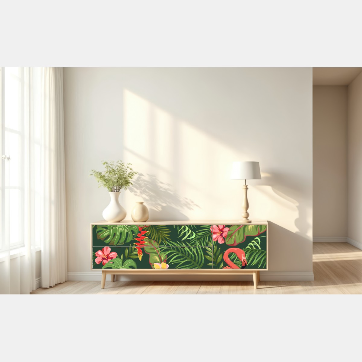 Naklejka repozycjonowalna tropikalne flamingi w bujnej roślinności – Wallissimo® Naklejka repozycjonowalna tropikalne flamingi w bujnej roślinności – Wallissimo®