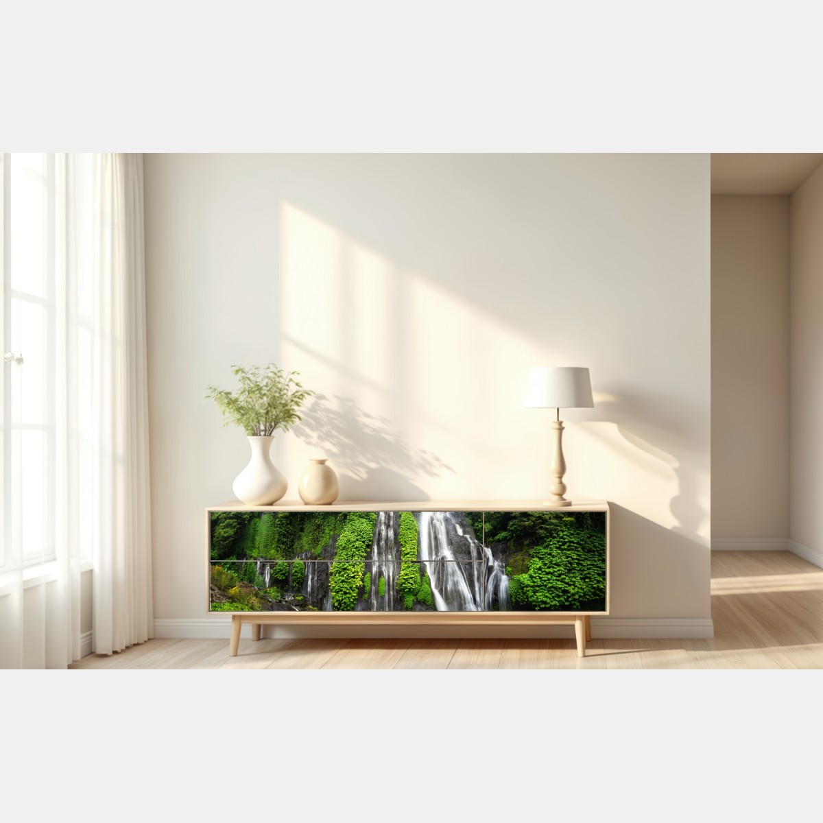 Naklejka repozycjonowalna spokojny wodospad w szmaragdowym lesie – Wallissimo® Naklejka repozycjonowalna spokojny wodospad w szmaragdowym lesie – Wallissimo®