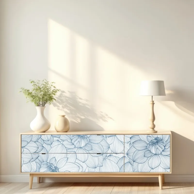 Naklejka repozycjonowalna delikatny, liniowy wzór kwiatowy w odcieniach niebieskiego – Wallissimo® Naklejka repozycjonowalna delikatny, liniowy wzór kwiatowy w odcieniach niebieskiego – Wallissimo®