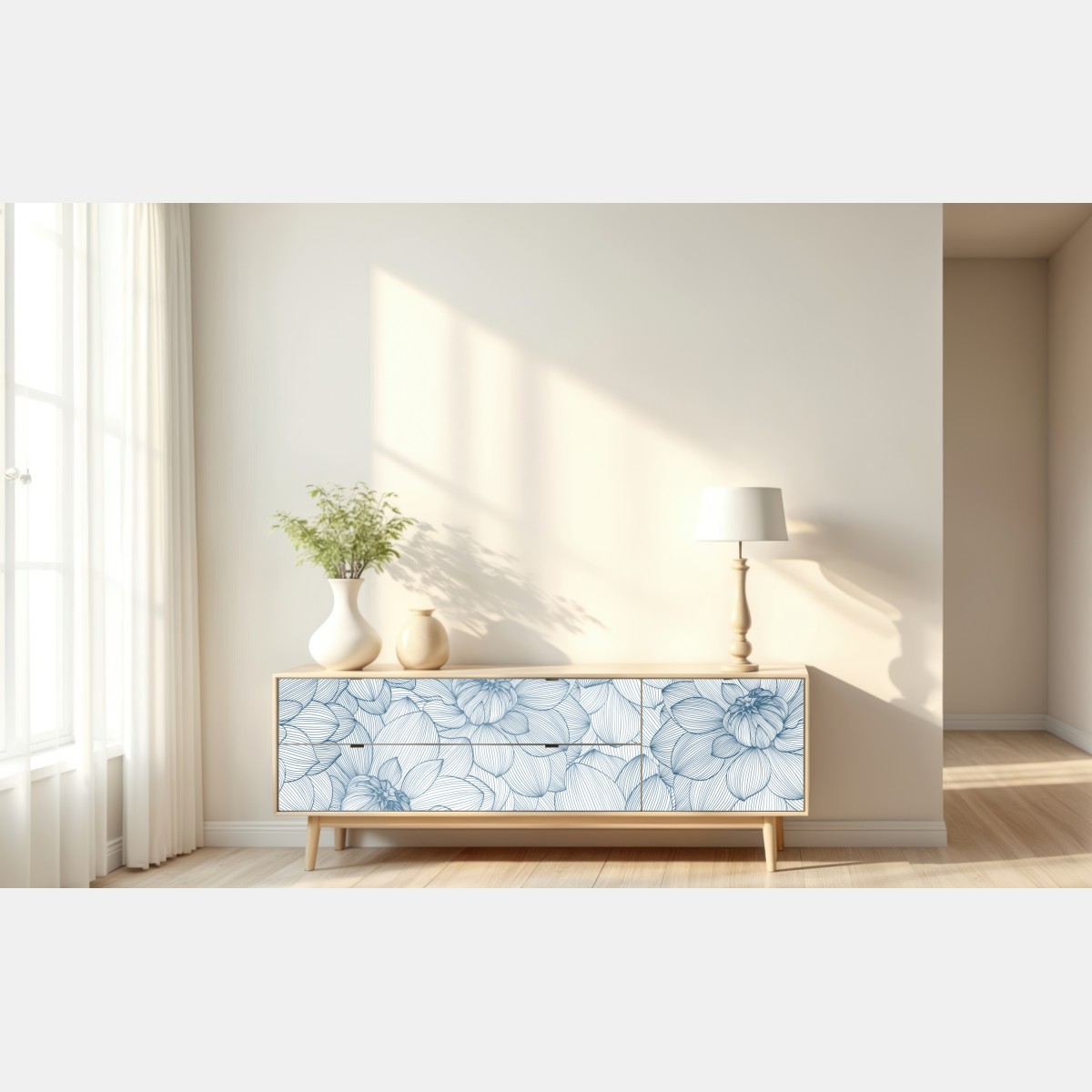 Naklejka repozycjonowalna delikatny, liniowy wzór kwiatowy w odcieniach niebieskiego – Wallissimo® Naklejka repozycjonowalna delikatny, liniowy wzór kwiatowy w odcieniach niebieskiego – Wallissimo®