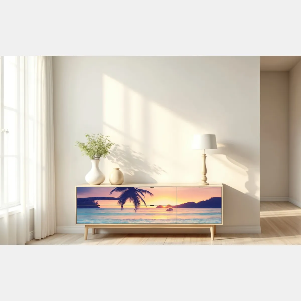 Naklejka repozycjonowalna tropikalny pastelowy zachód słońca nad morzem – Wallissimo® Naklejka repozycjonowalna tropikalny pastelowy zachód słońca nad morzem – Wallissimo®