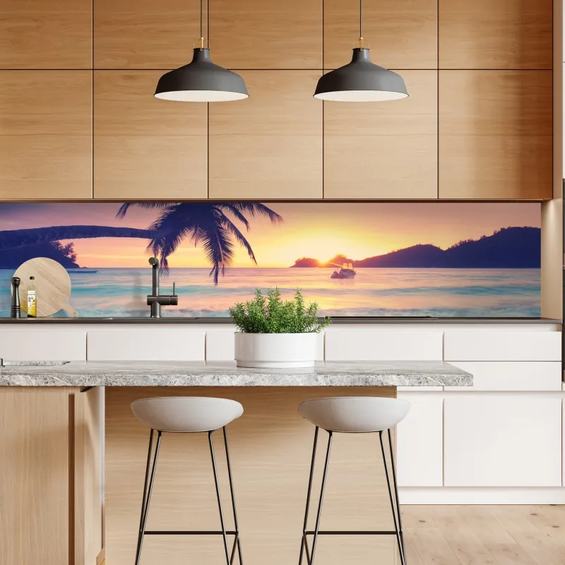 Naklejka repozycjonowalna tropikalny pastelowy zachód słońca nad morzem – Wallissimo® Naklejka repozycjonowalna tropikalny pastelowy zachód słońca nad morzem – Wallissimo®