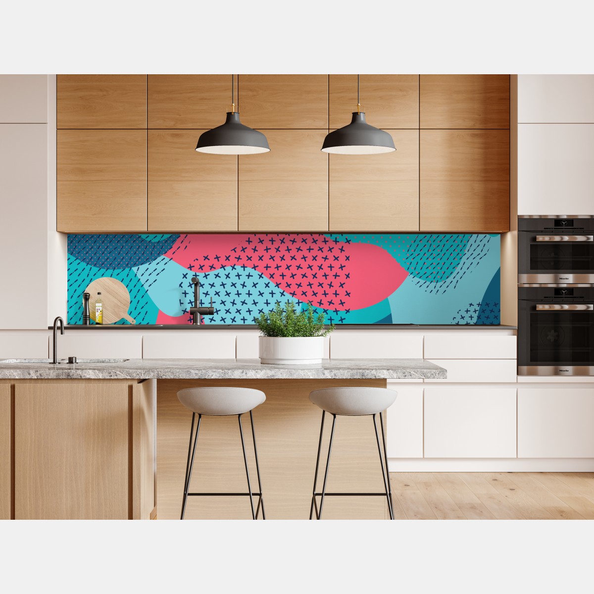 Naklejka repozycjonowalna abstrakcyjny falisty wzór w turkusie i koralu – Wallissimo® Naklejka repozycjonowalna abstrakcyjny falisty wzór w turkusie i koralu – Wallissimo®