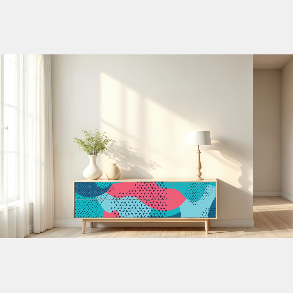 Naklejka repozycjonowalna abstrakcyjny falisty wzór w turkusie i koralu – Wallissimo® Naklejka repozycjonowalna abstrakcyjny falisty wzór w turkusie i koralu – Wallissimo®