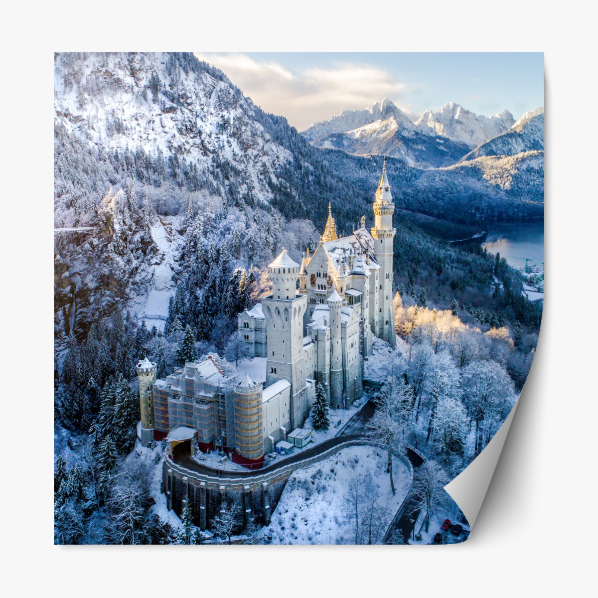 Repositionable sticker winter castle in snowy mountains