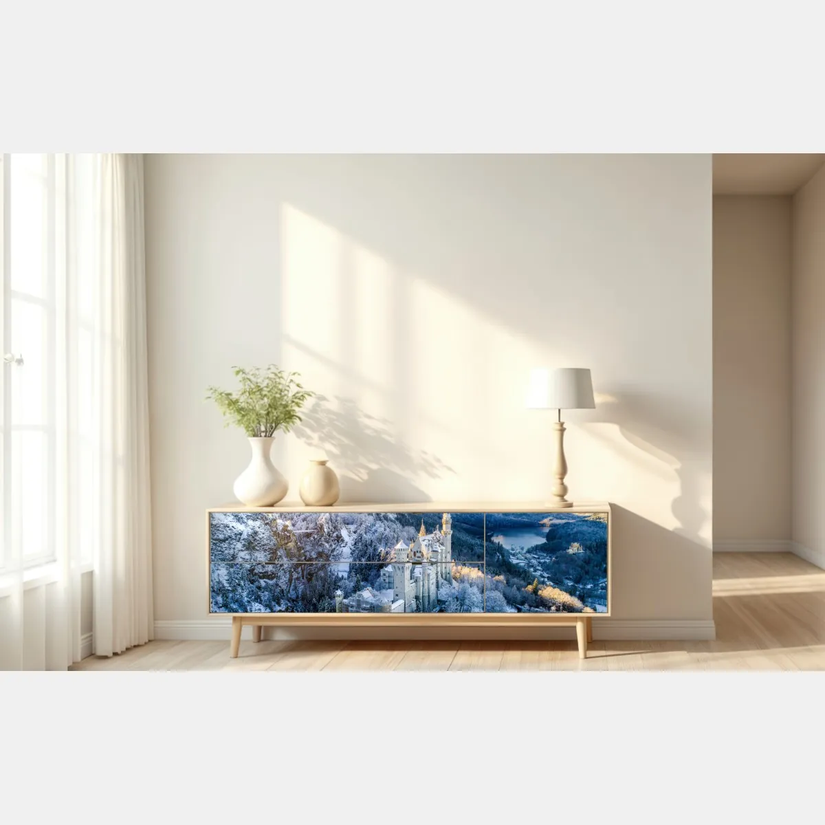 Naklejka repozycjonowalna zimowy zamek w ośnieżonych górach – Wallissimo® Naklejka repozycjonowalna zimowy zamek w ośnieżonych górach – Wallissimo®