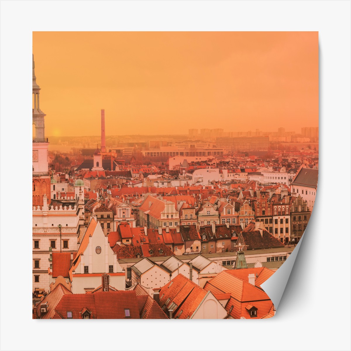 Repositionable sticker warm sunset over historic city rooftops