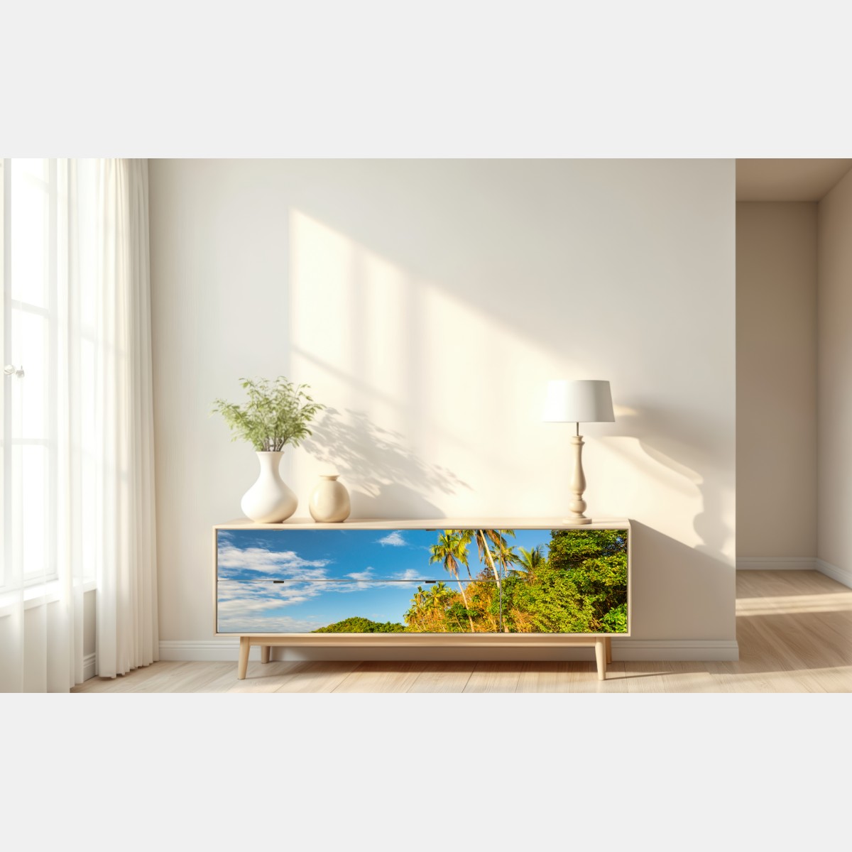 Naklejka repozycjonowalna złota tropikalna plaża o zachodzie słońca – Wallissimo® Naklejka repozycjonowalna złota tropikalna plaża o zachodzie słońca – Wallissimo®