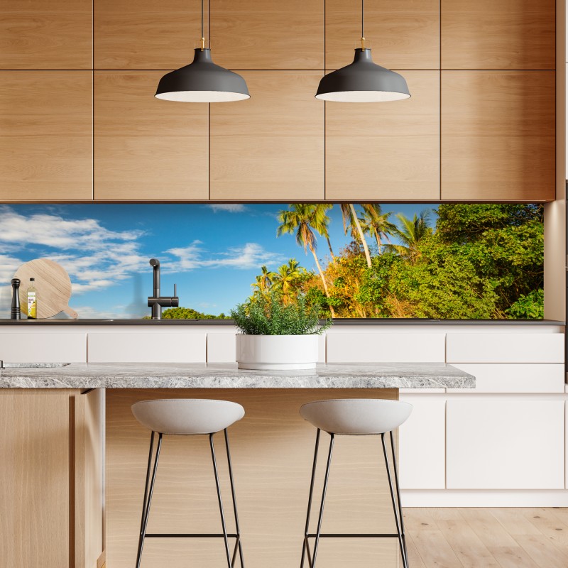 Naklejka repozycjonowalna złota tropikalna plaża o zachodzie słońca – Wallissimo® Naklejka repozycjonowalna złota tropikalna plaża o zachodzie słońca – Wallissimo®