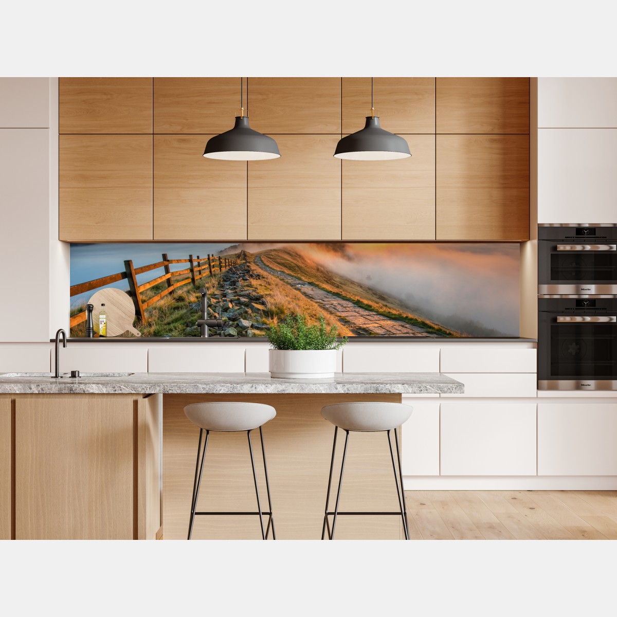 Naklejka repozycjonowalna wschód słońca nad mglistym grzbietem z kamienną ścieżką – Wallissimo® Naklejka repozycjonowalna wschód słońca nad mglistym grzbietem z kamienną ścieżką – Wallissimo®