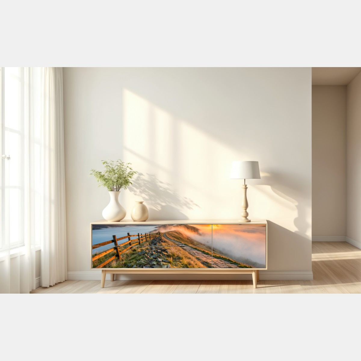 Naklejka repozycjonowalna wschód słońca nad mglistym grzbietem z kamienną ścieżką – Wallissimo® Naklejka repozycjonowalna wschód słońca nad mglistym grzbietem z kamienną ścieżką – Wallissimo®