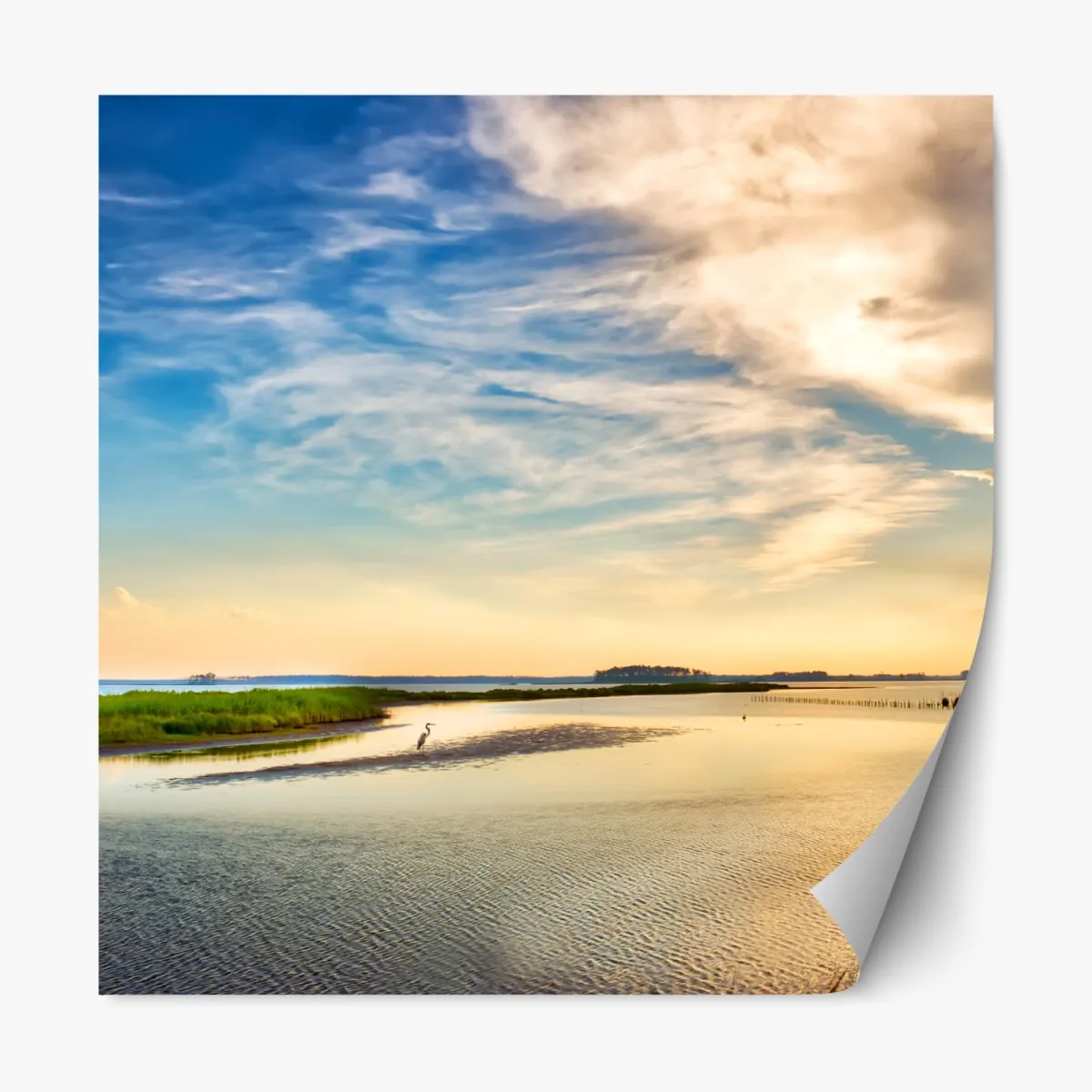 Naklejka repozycjonowalna czapla nad zatoką Chesapeake o zachodzie słońca – Wallissimo® Naklejka repozycjonowalna czapla nad zatoką Chesapeake o zachodzie słońca – Wallissimo®