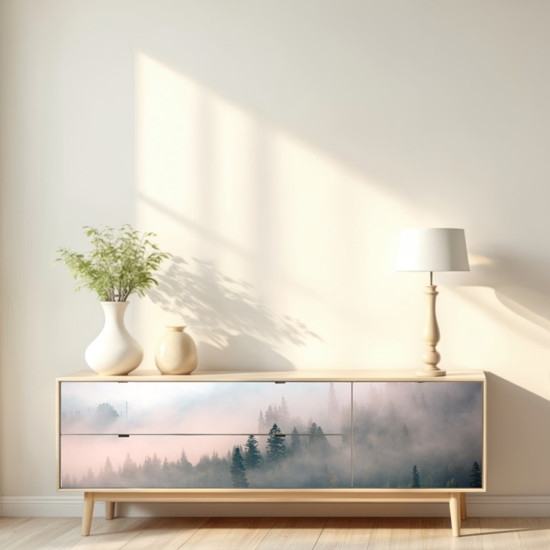 Naklejka repozycjonowalna mglisty poranek w lesie – Wallissimo® Naklejka repozycjonowalna mglisty poranek w lesie – Wallissimo®