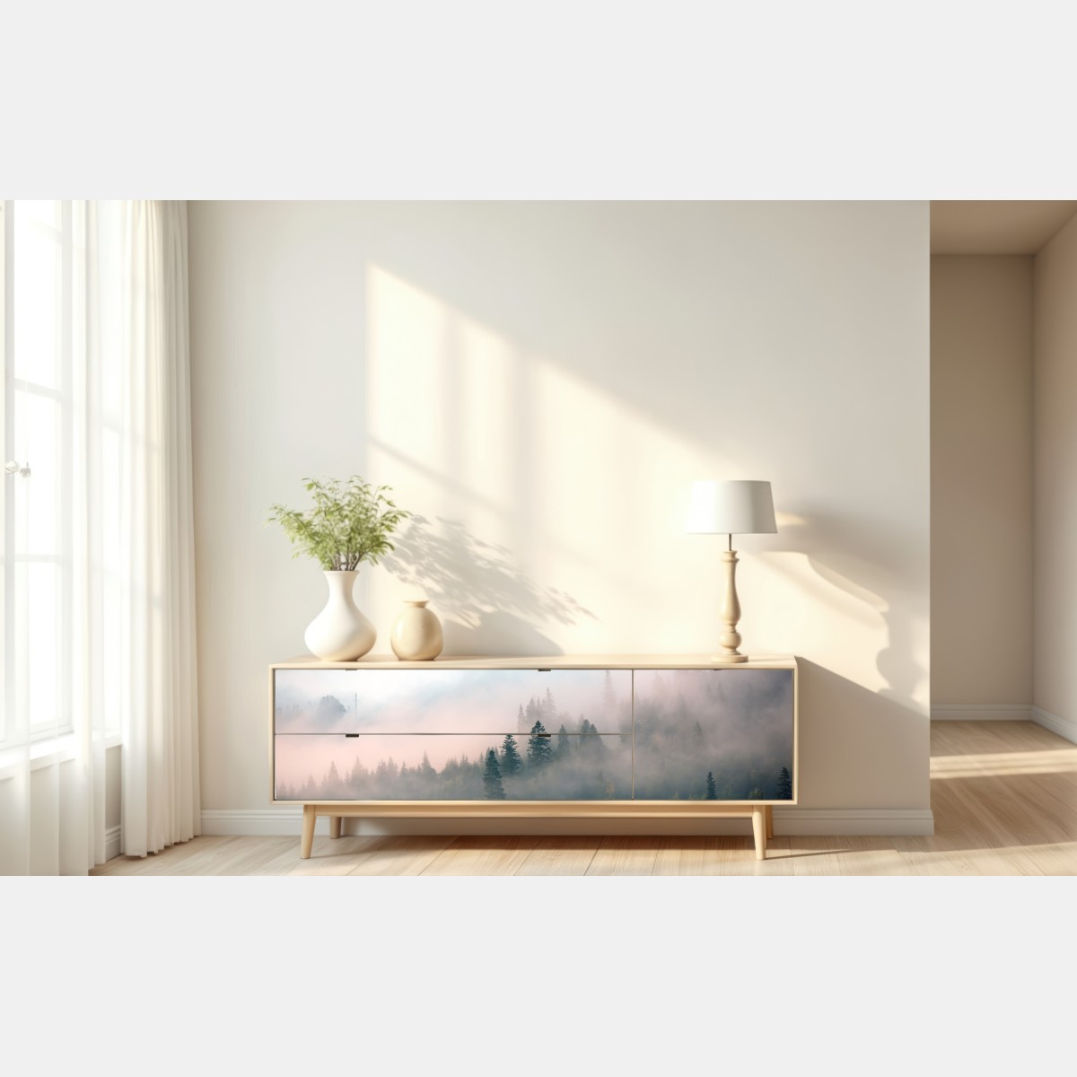 Naklejka repozycjonowalna mglisty poranek w lesie – Wallissimo® Naklejka repozycjonowalna mglisty poranek w lesie – Wallissimo®