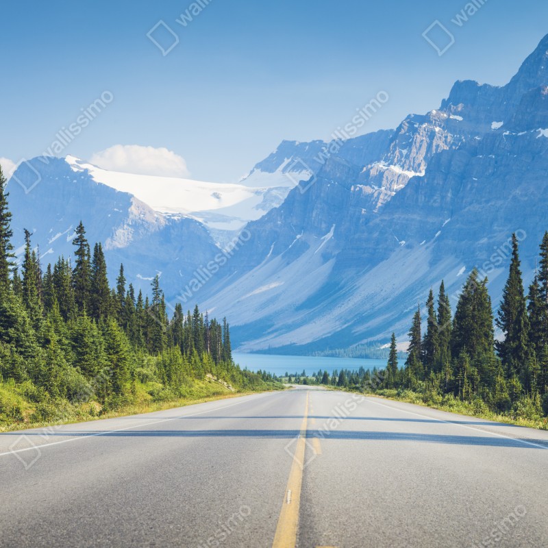 Naklejka repozycjonowalna droga przez las iglasty do gór i lodowcowego jeziora – Wallissimo® Naklejka repozycjonowalna droga przez las iglasty do gór i lodowcowego jeziora – Wallissimo®
